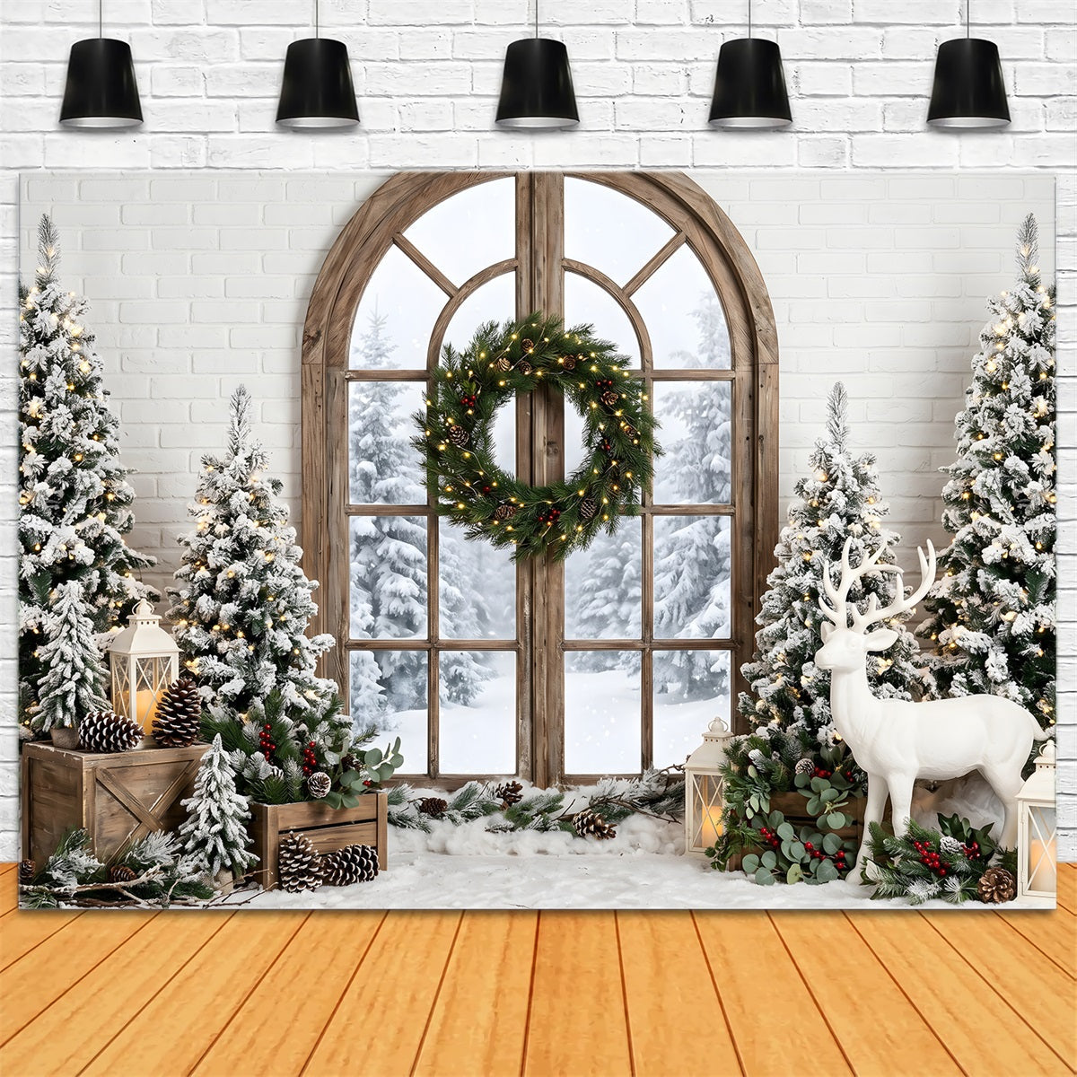 Christmas Backdrop Ideas Frosted Window Wreath Deer Trees Photo Booth Christmas Backdrop UK CEM65-74