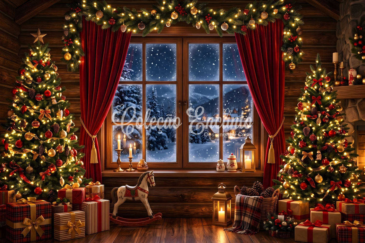 Christmas Photo Backdrops Cozy Cabin Snow Window Trees Christmas Backdrops For Pictures UK CEM65-75