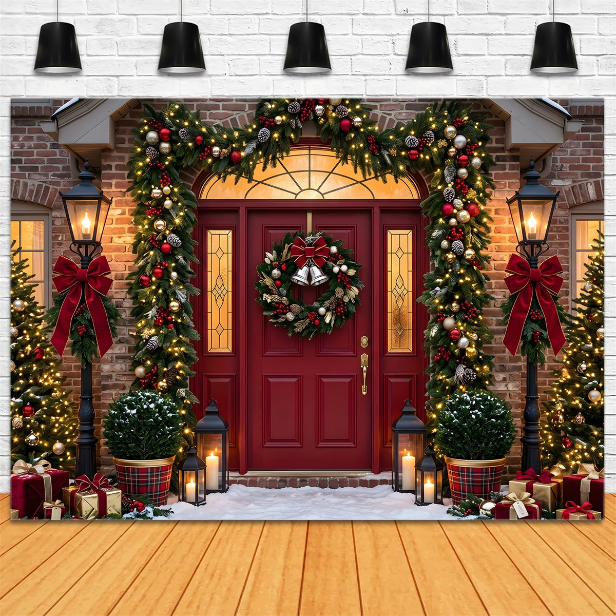Merry Christmas Backdrop Burgundy Door Garland Lantern Porch Christmas Backdrop UK CEM65-76