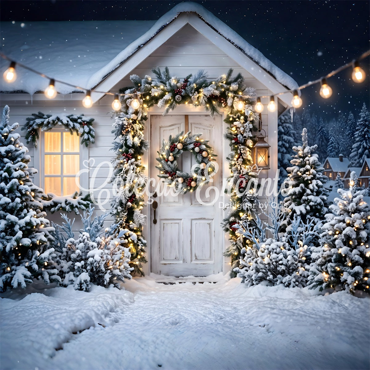 Christmas Backdrops For Photos Snowy White Porch Wreath Christmas Photobooth Backdrop UK CEM65-78