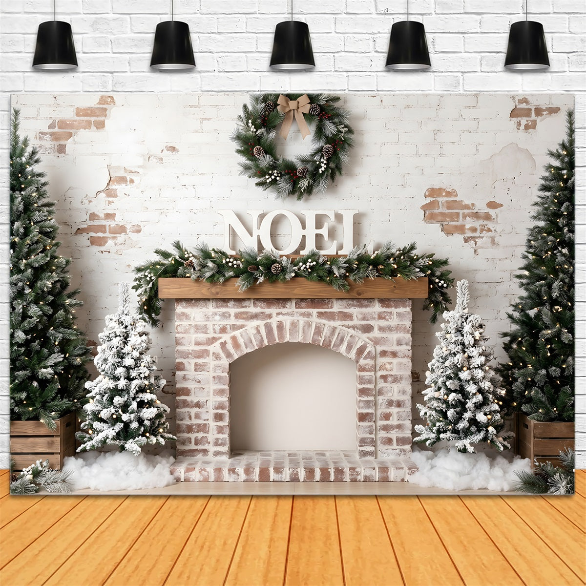 Christmas Backdrops 10x10 Frosted Brick Fireplace Noel Wreath Christmas Studio Backdrop UK CEM65-81