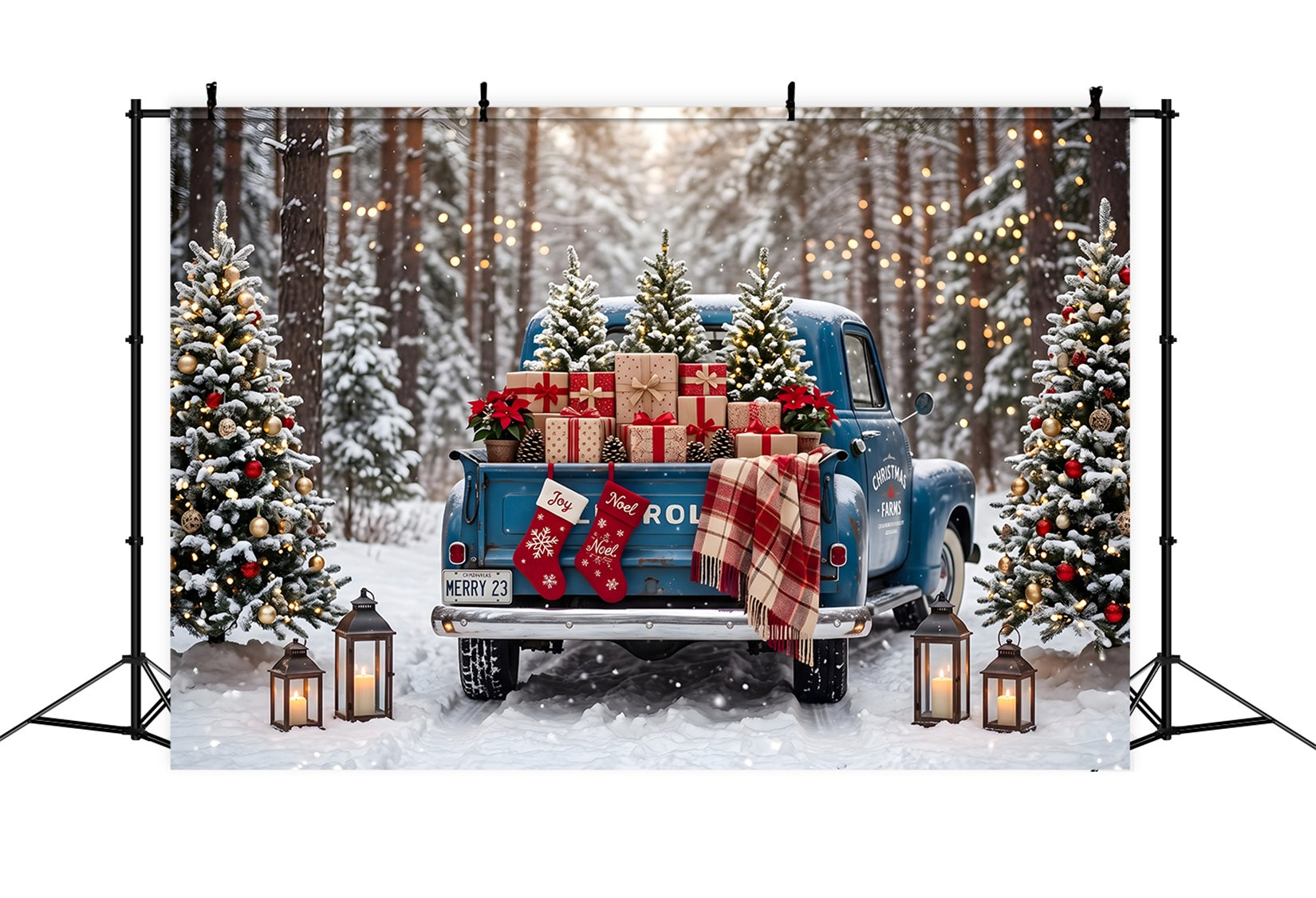 Professional Christmas Backdrops Vintage Blue Truck Snowy Forest Backdrop Christmas UK CEM65-84
