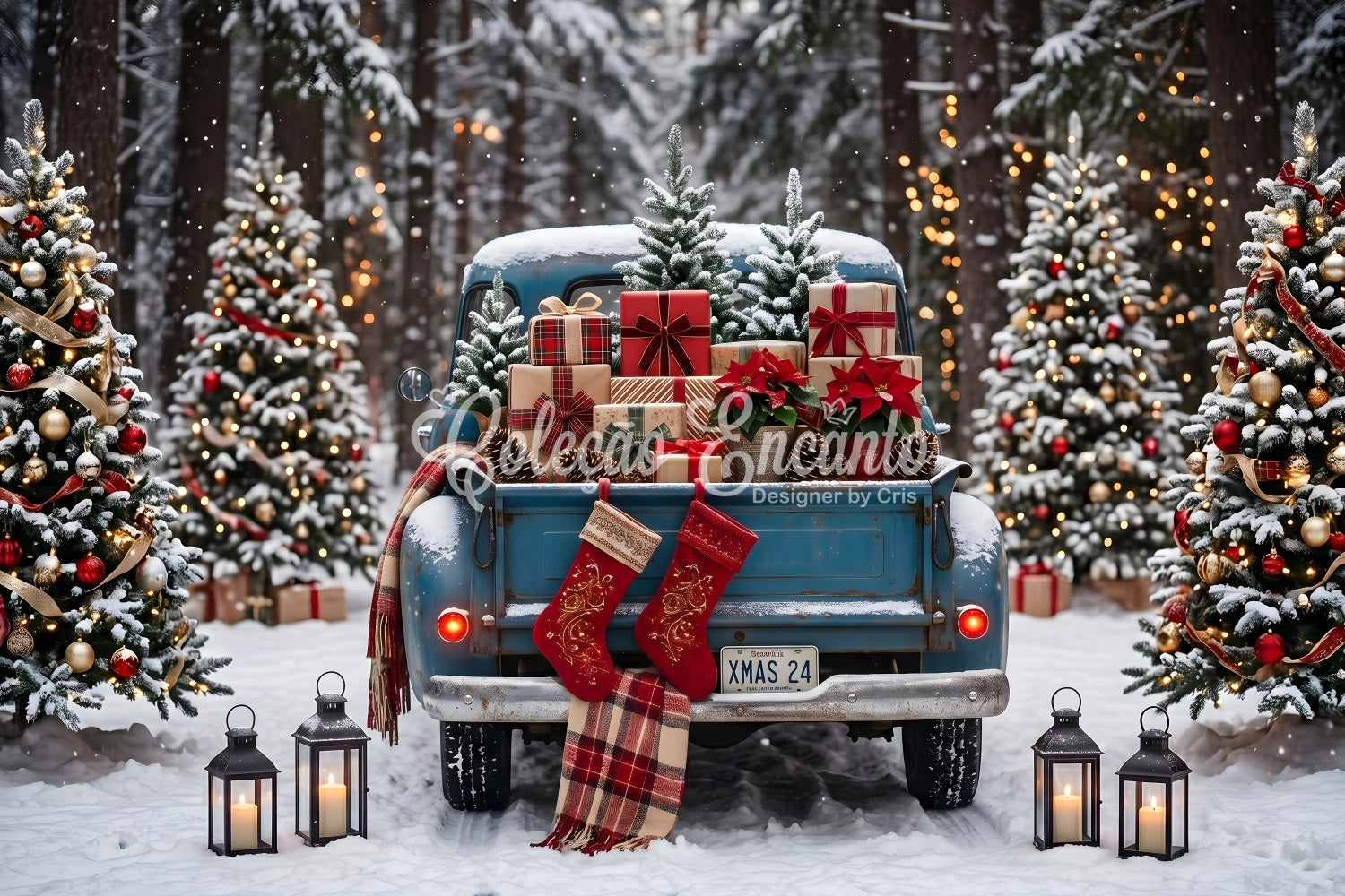 Christmas Photography Backdrops Vintage Blue Truck Forest Gifts Christmas Backdrops UK CEM65-85
