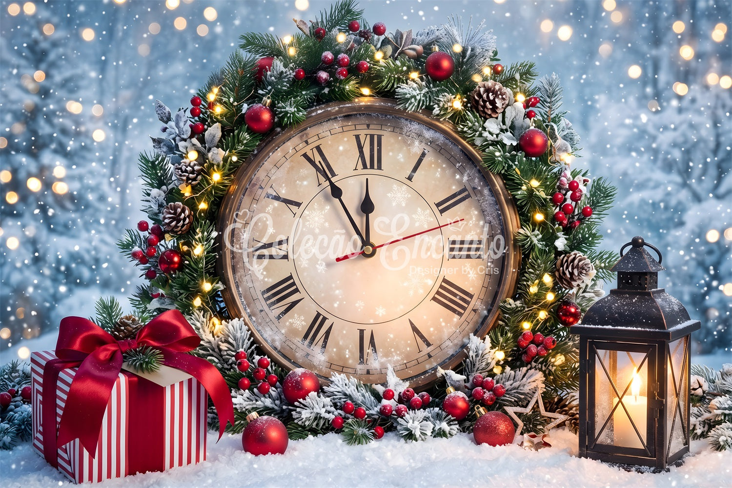 Christmas Backdrop Snowy Midnight Clock Wreath Lantern Christmas Backdrop UK CEM65-86