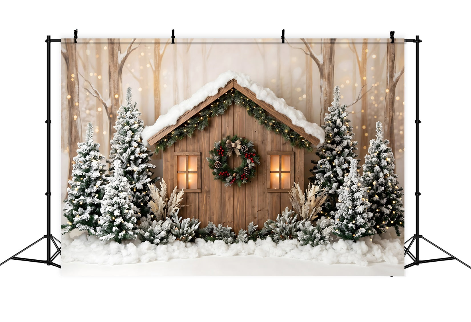 Outdoor Christmas Backdrop Snowy Woodland Cabin Pine Lights Christmas Backdrops UK CEM65-87