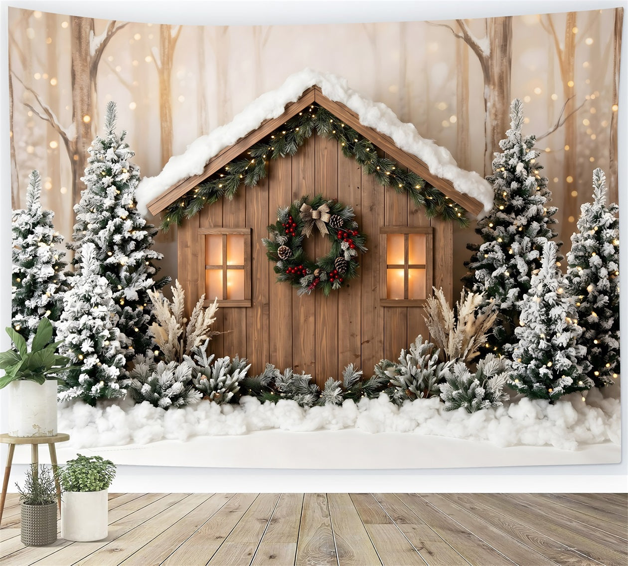 Outdoor Christmas Backdrop Snowy Woodland Cabin Pine Lights Christmas Backdrops UK CEM65-87