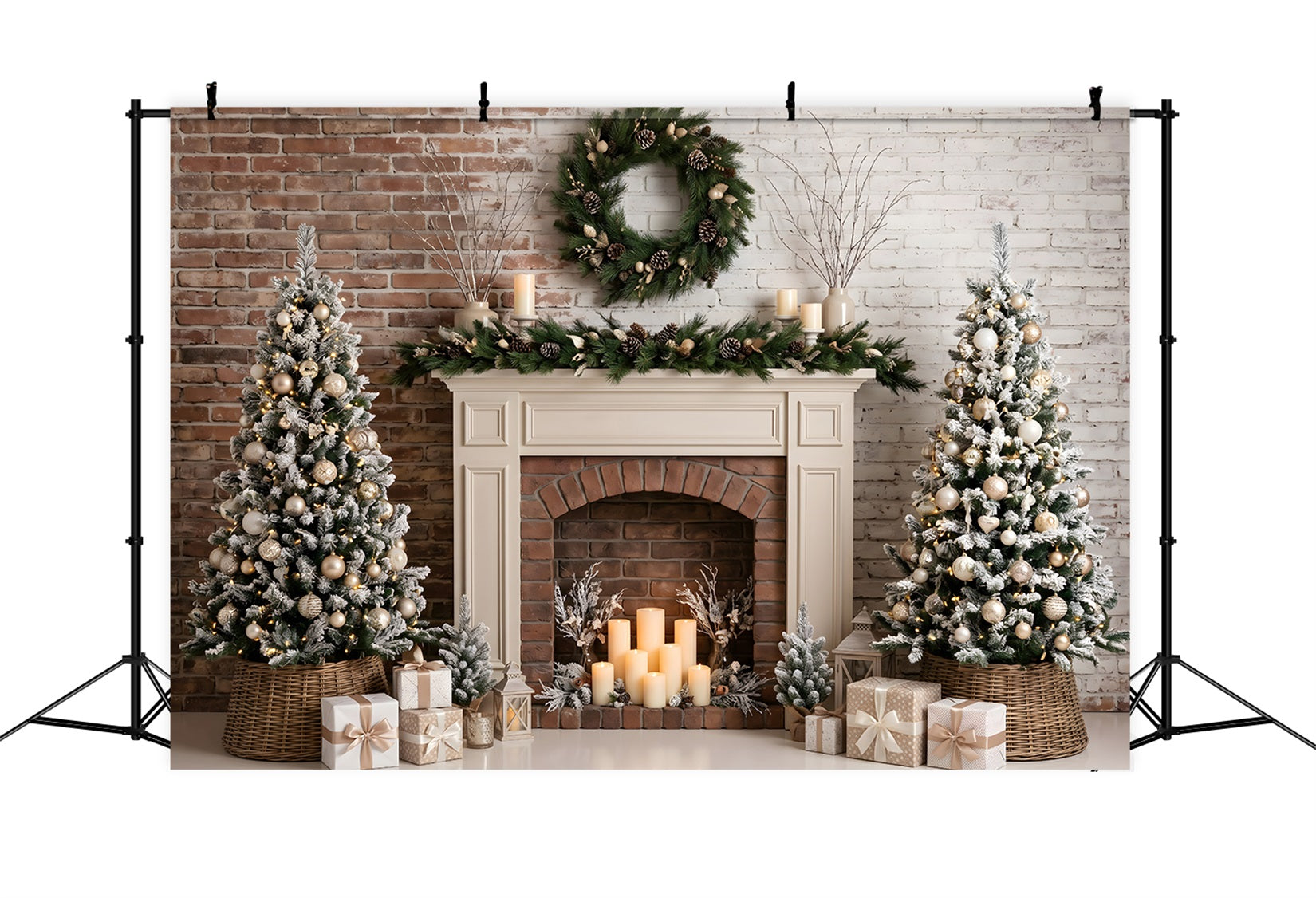Christmas Backdrop Photography Frosted Fireplace Candle Trees Christmas Photo Backdrop UK CEM65-88