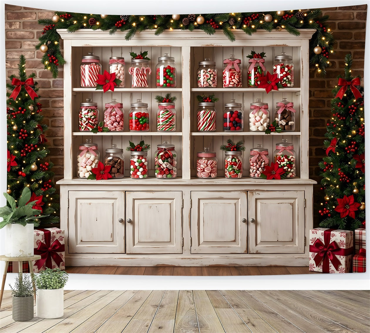 Christmas Photo Booth Backdrop Candy Jar Cabinet Poinsettia Trees Christmas Backdrops UK CEM65-91