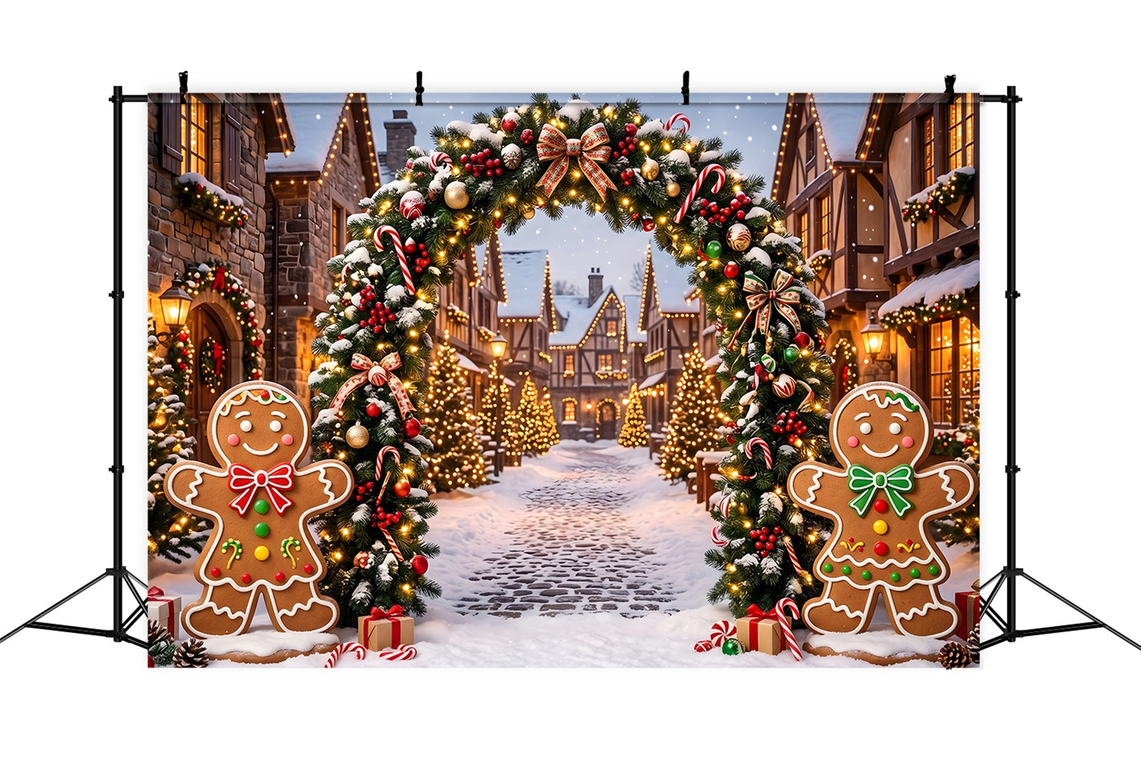 Elegant Christmas Backdrop Gingerbread Snow Village Light Arch Xmas Backdrops UK CEM65-92