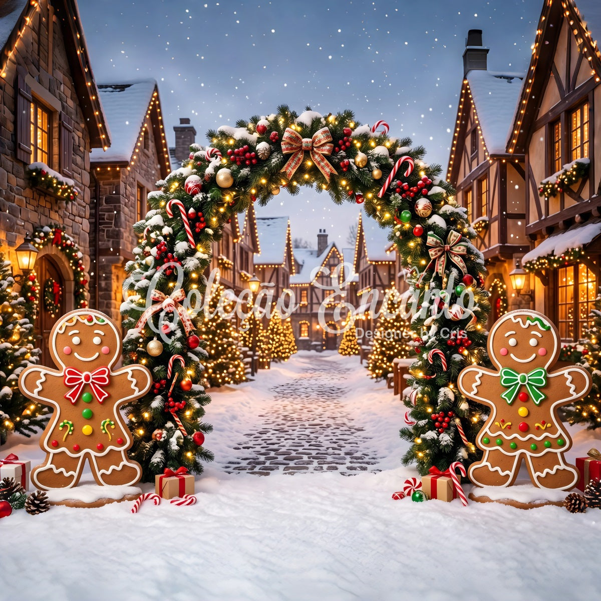 Elegant Christmas Backdrop Gingerbread Snow Village Light Arch Xmas Backdrops UK CEM65-92