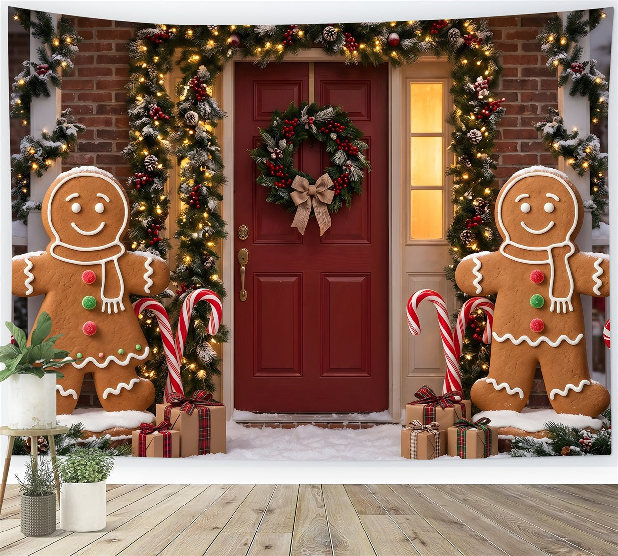 Backdrop Christmas Gingerbread Door Garland Candy Canes Christmas Photography Backdrop UK CEM65-94
