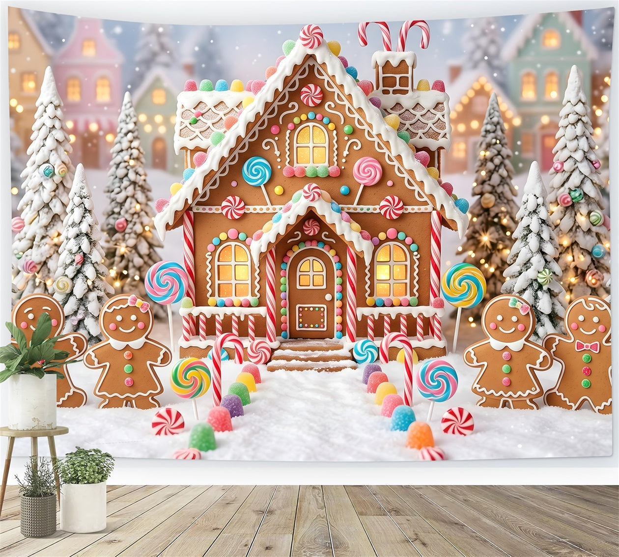 Christmas Backdrop Candy Gingerbread Village Snow Path Professional Christmas Backdrops UK CEM65-95