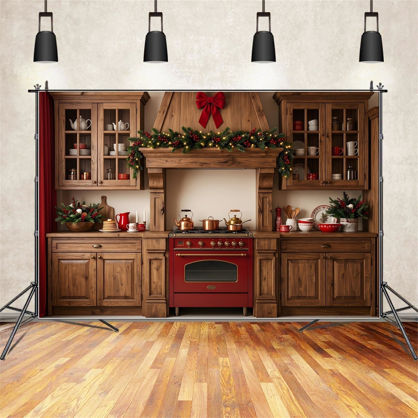 Christmas Kitchen Backdrop Rustic Holiday Pine Garland Christmas Photography Backdrops UK CEM65-96