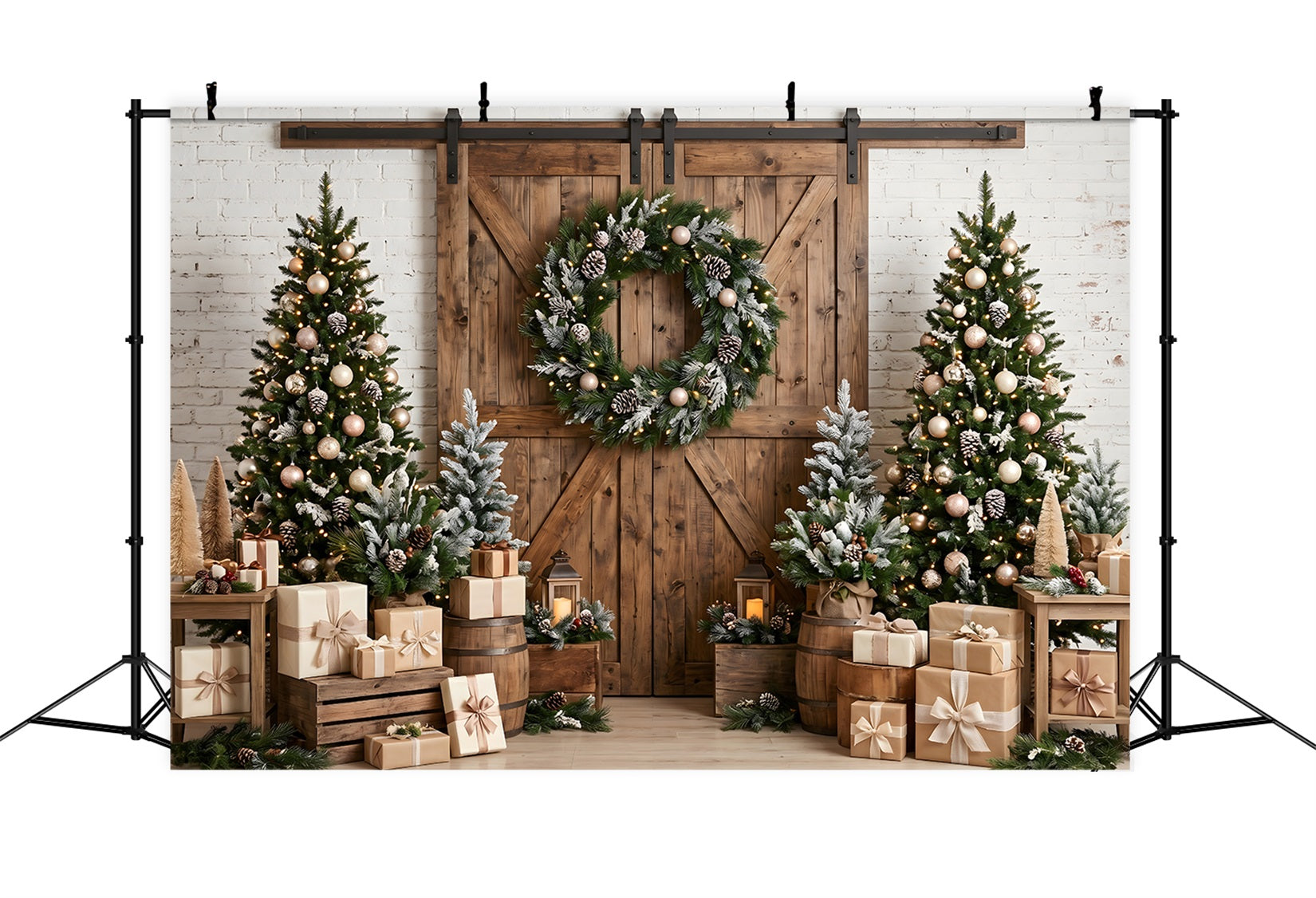 Christmas Theme Backdrop Rustic Barn Door Wreath Trees Christmas Backdrop Photography UK CEM65-97