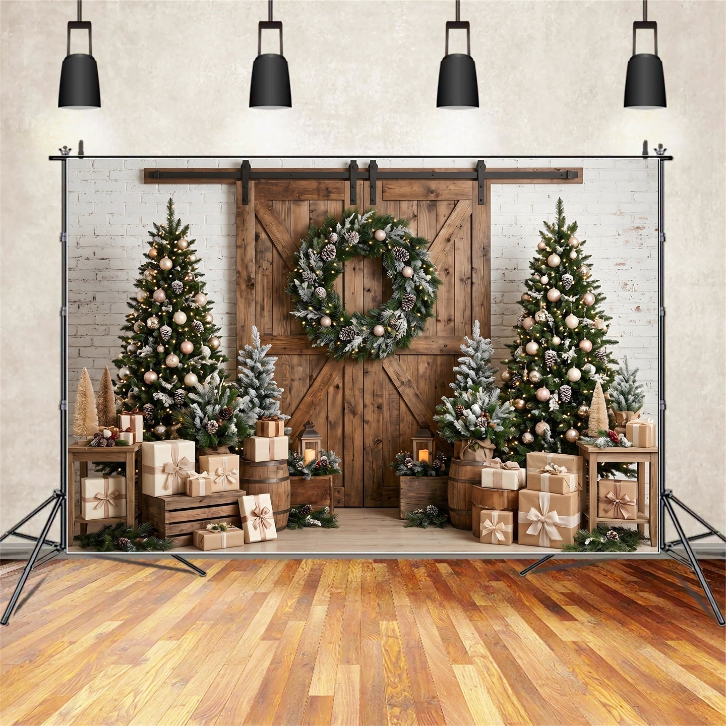 Christmas Theme Backdrop Rustic Barn Door Wreath Trees Christmas Backdrop Photography UK CEM65-97