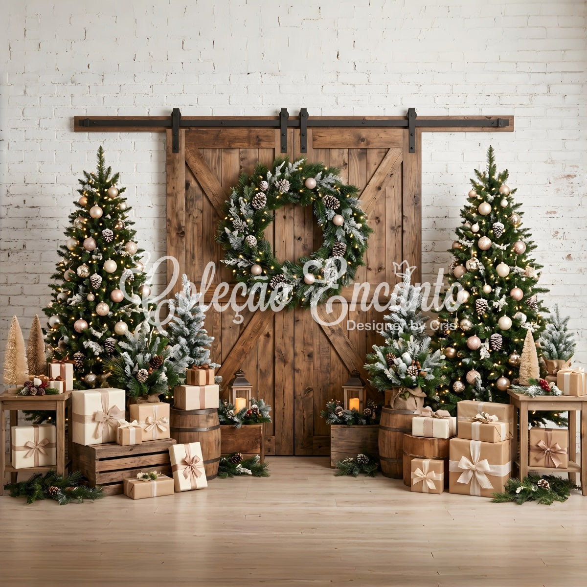 Christmas Theme Backdrop Rustic Barn Door Wreath Trees Christmas Backdrop Photography UK CEM65-97