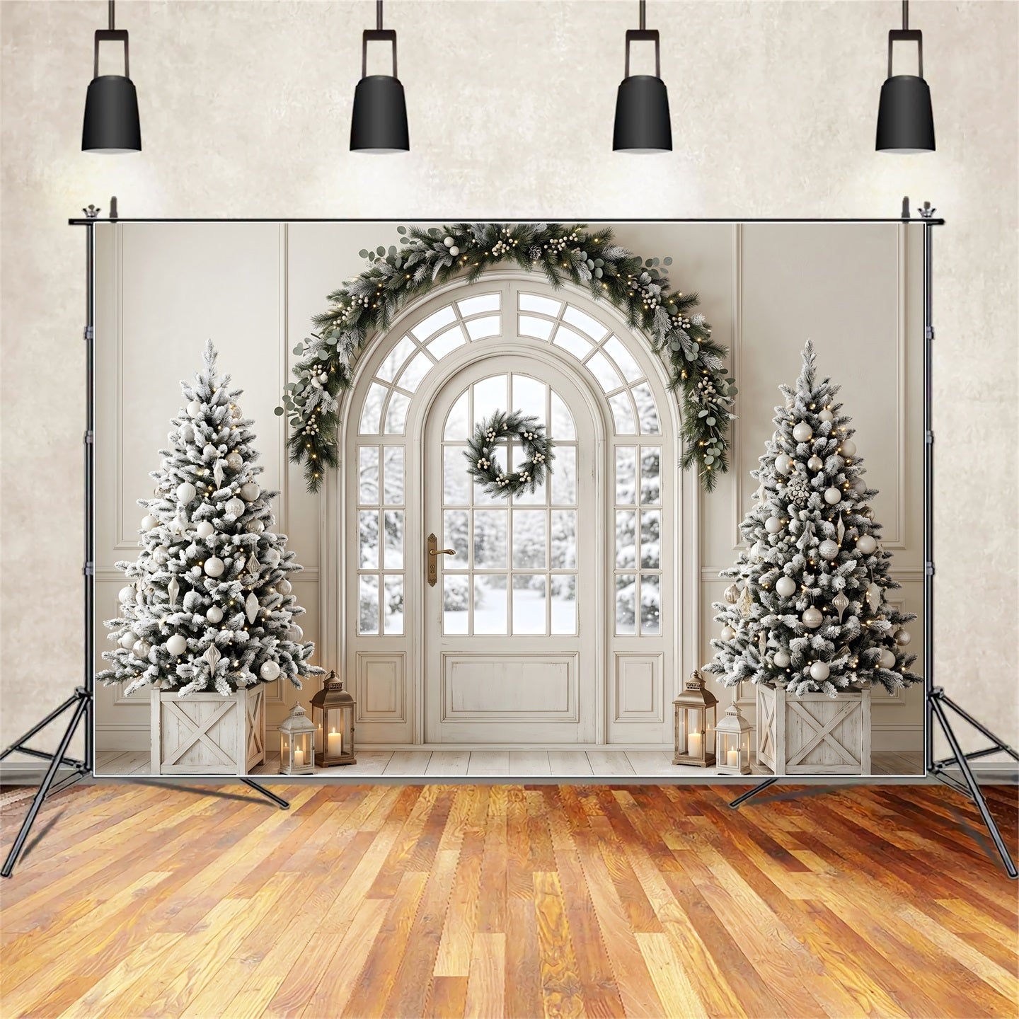 Christmas Living Room Backdrop Frosted Door Evergreen Lanterns Christmas Photo Backdrop UK CEM65-99