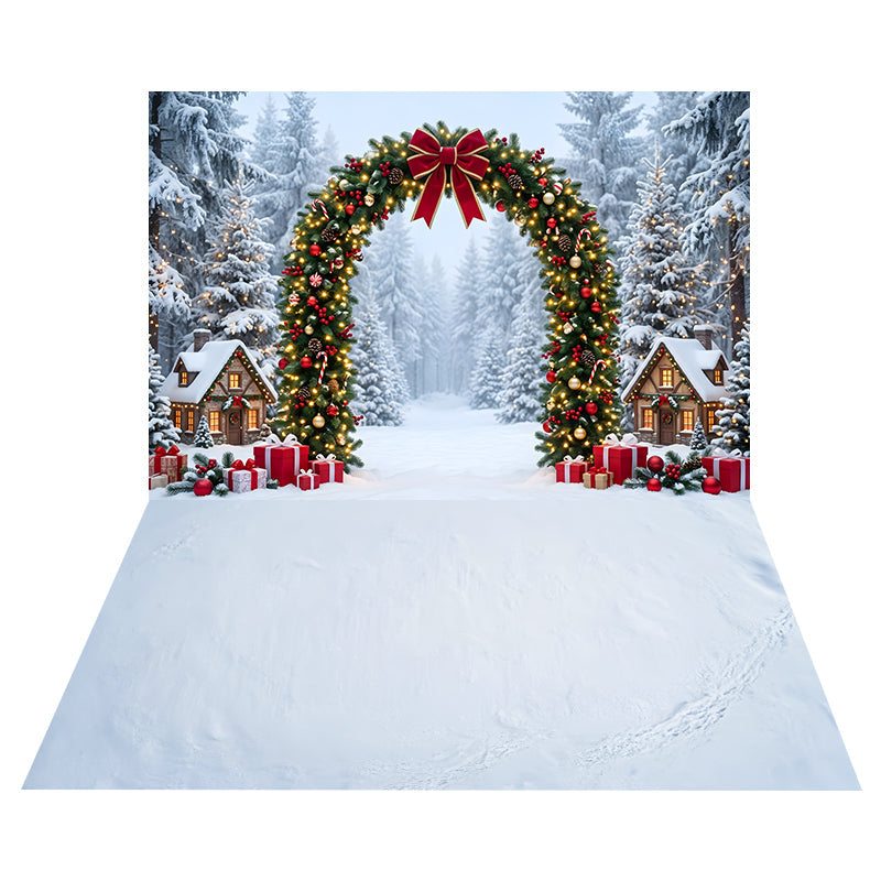 Snowy Cottage Garland Arch Backdrop+Smooth Snowy Ice Floor Backdrop UK CEMCBS65-17