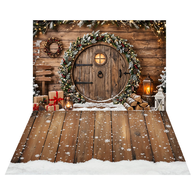 Rustic Round Garland Door Backdrop+Snowflake Wooden Floor Backdrop UK CEMCBS65-20