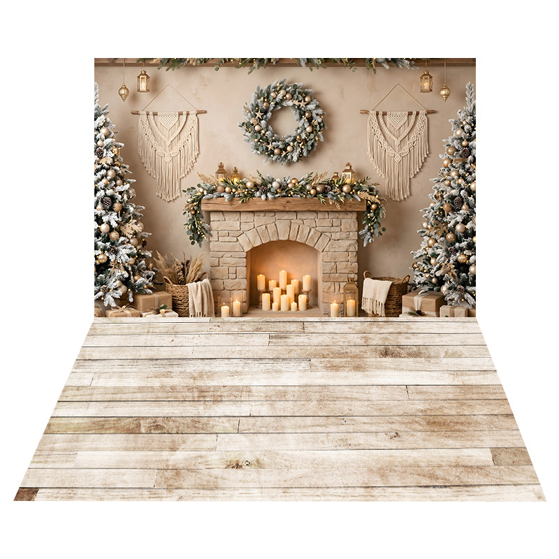 Boho Candle Fireplace Backdrop+Weathered White Wood Floor Backdrop UK CEMCBS65-27