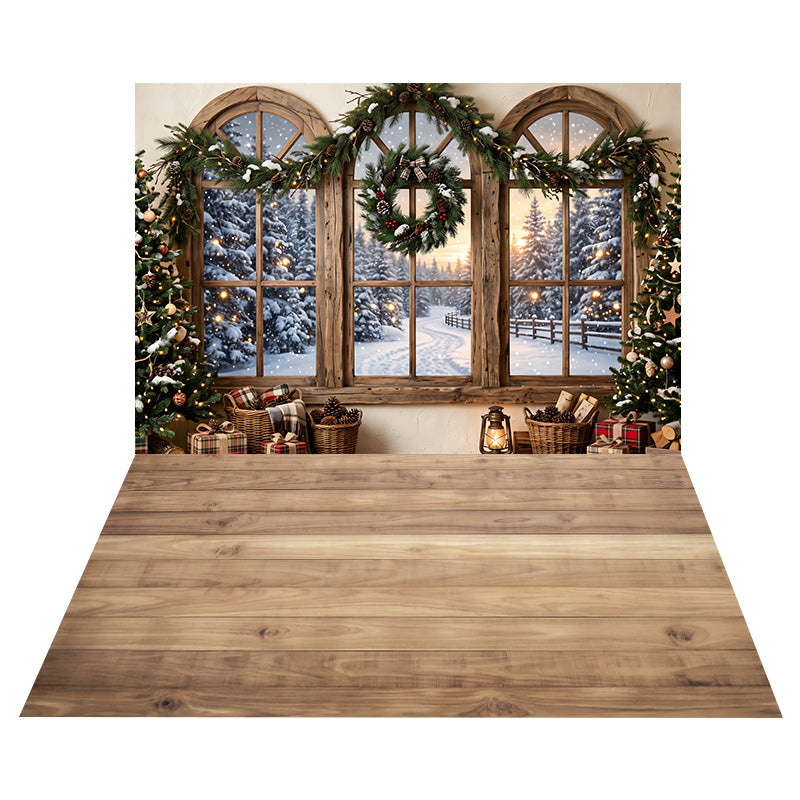 Snowy Arched Window View Backdrop+Natural Maple Wood Floor Backdrop UK CEMCBS65-35
