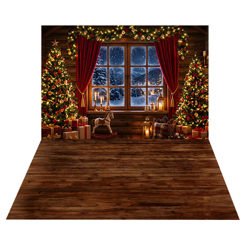 Cozy Cabin Window Backdrop+Warm Brown Wood Floor Backdrop UK CEMCBS65-4