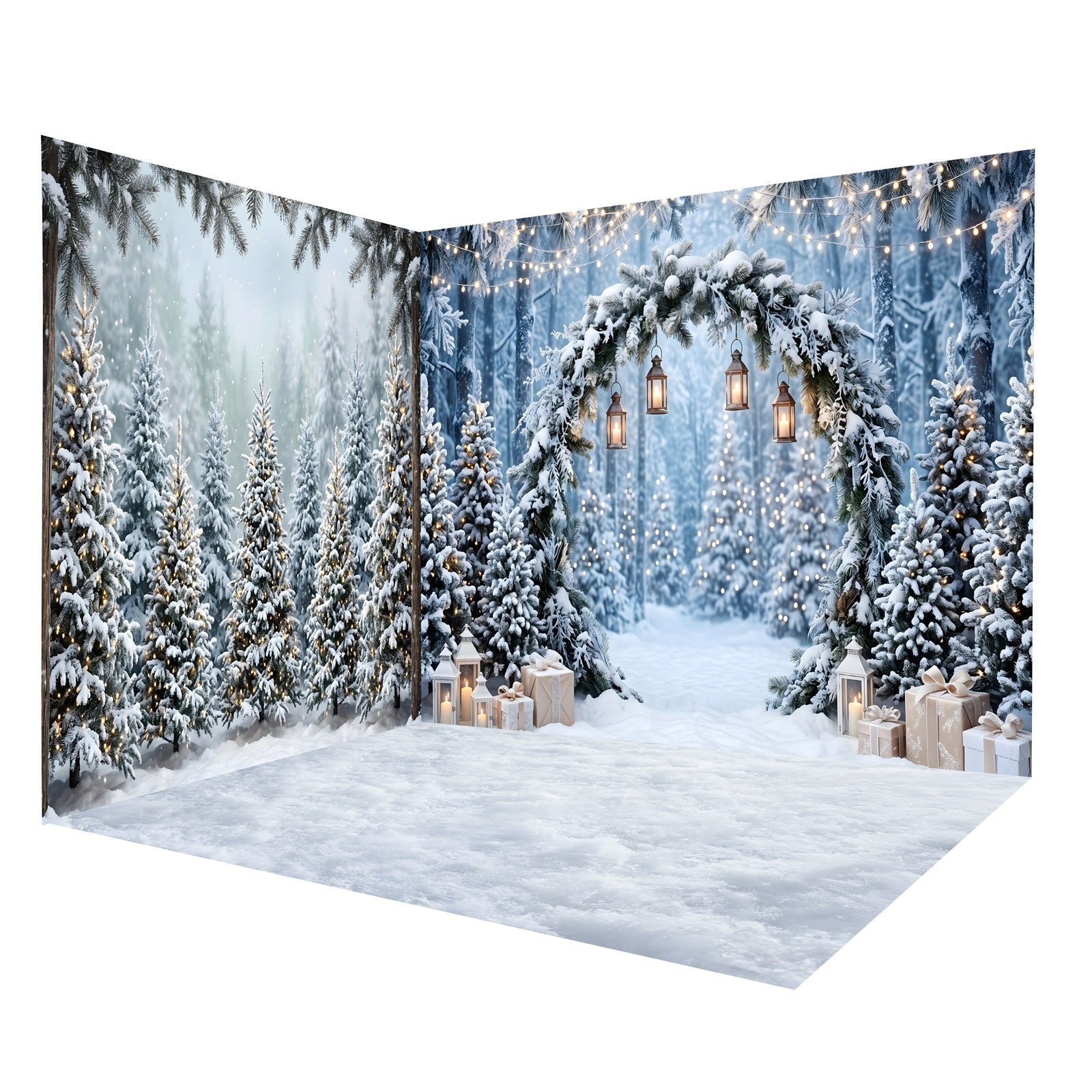 Christmas Tree Backdrop Snowy Evergreen Lantern Arch Backdrop Room Set UK CEMRMS65-8