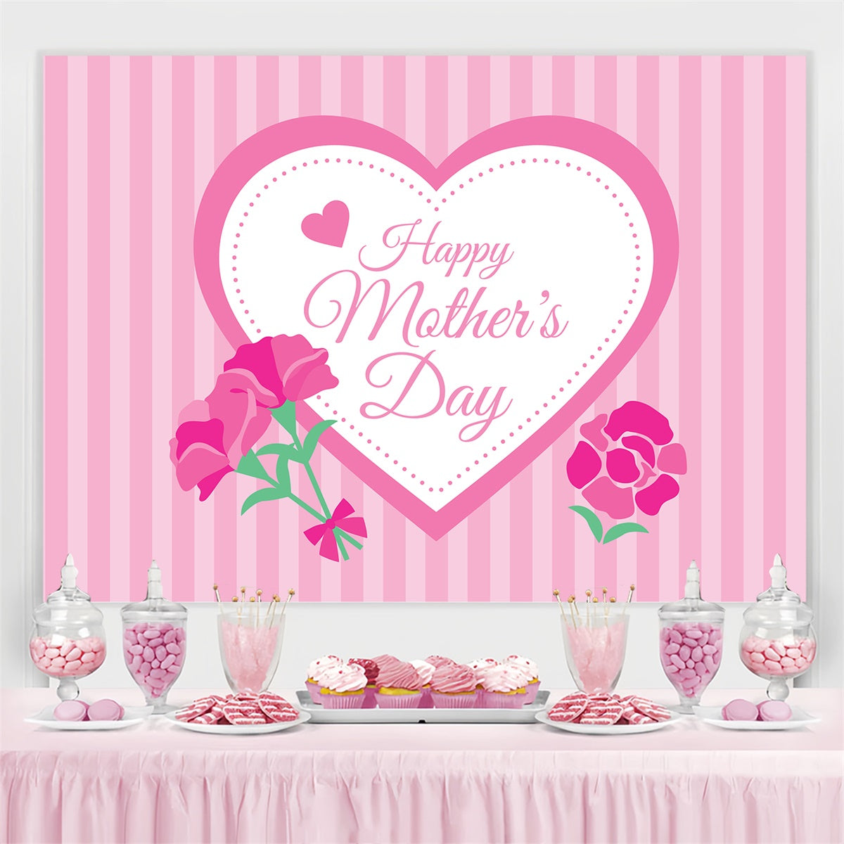 Happy Mother's Day Backdrop Pink Striped Heart Customized Backdrop UK CJJ3-154