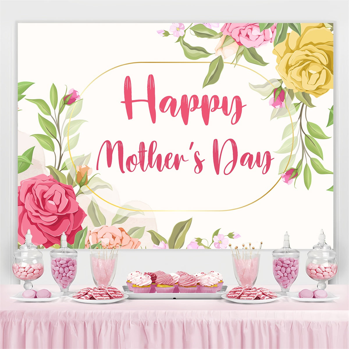 Mothers Day Backdrops Golden Frame Floral Watercolor Custom Backdrop UK CJJ3-161
