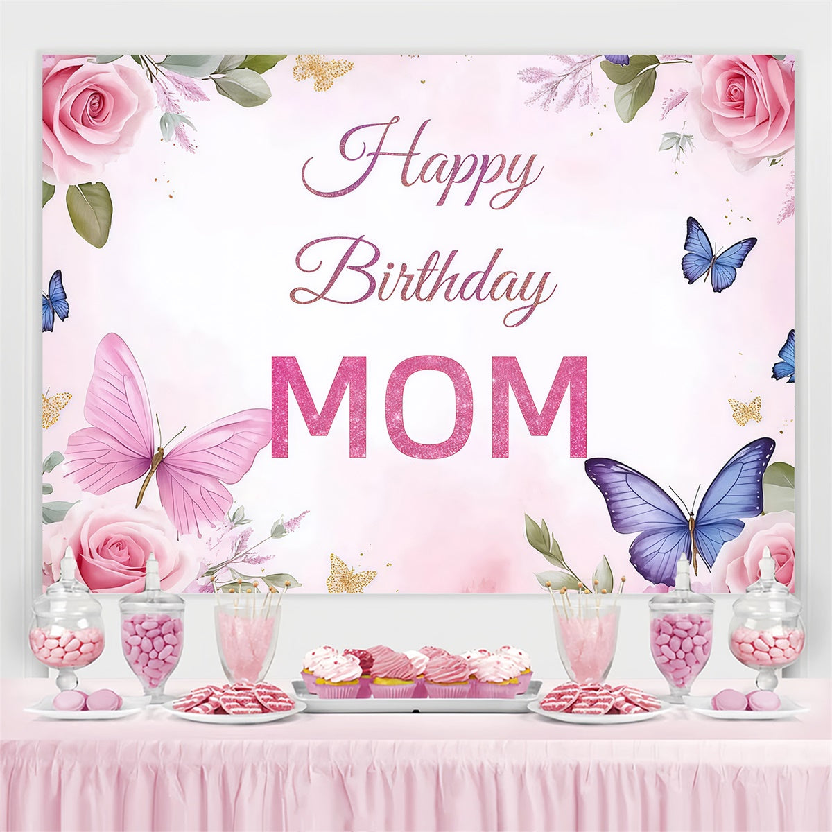 Customize Backdrop For Birthday Elegant Rose Butterfly Backdrop UK CJJ3-202