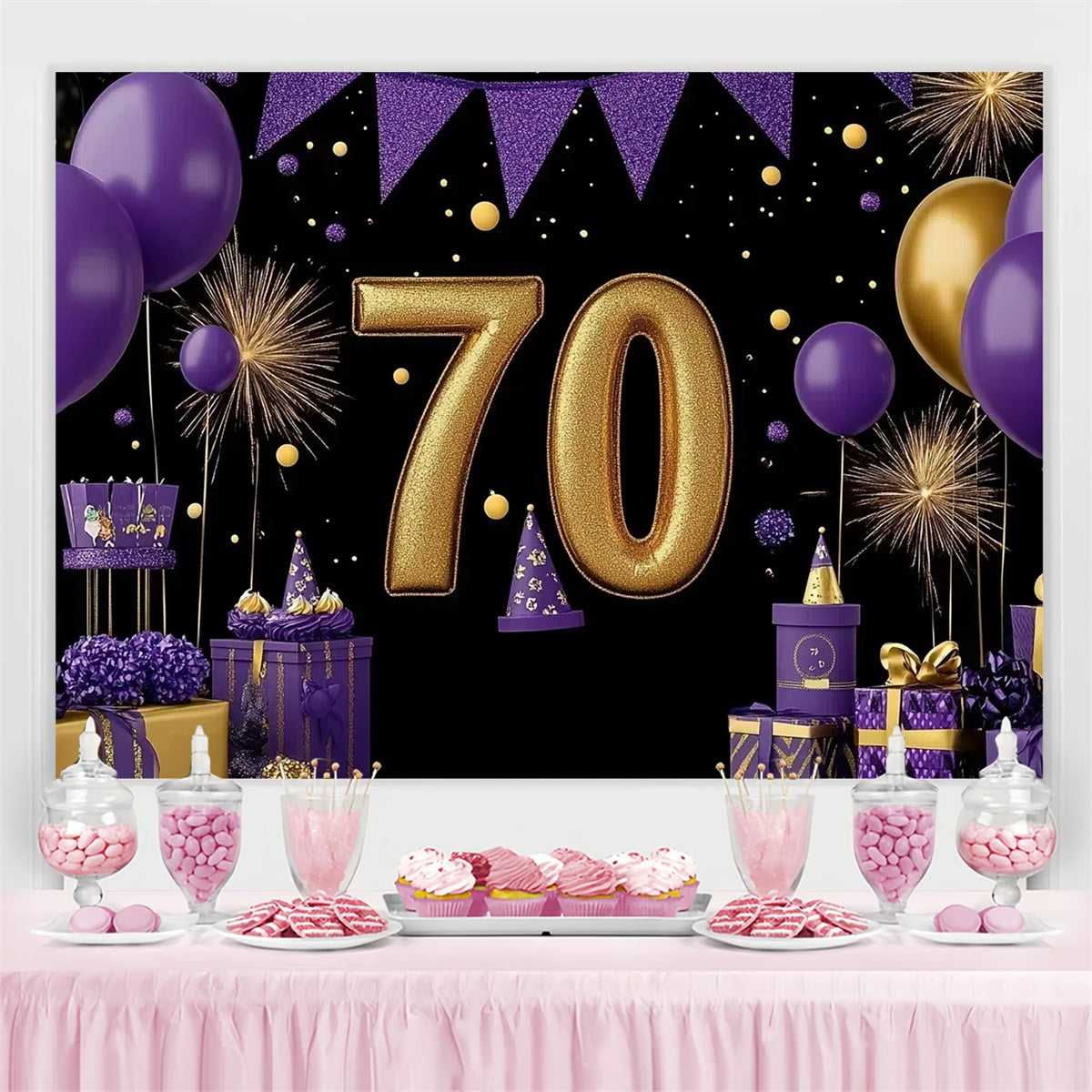 Personalized 70th Birthday Backdrop Purple Balloon Luxury Backdrop UK CJJ3-210