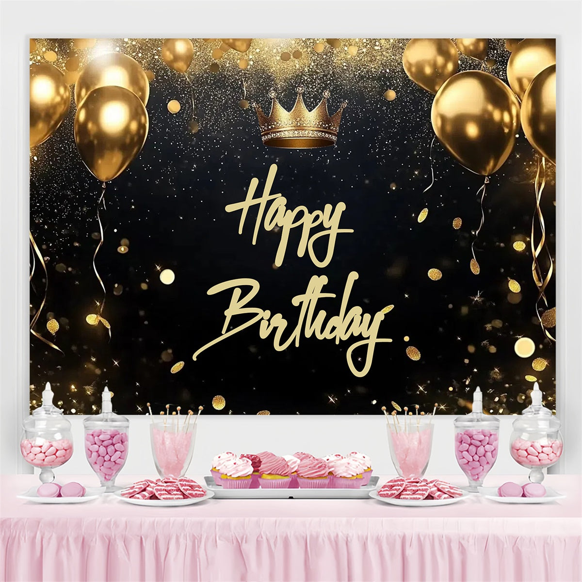 Custom Made Birthday Backdrops Glitter Confetti Crown Backdrop UK CJJ3-217
