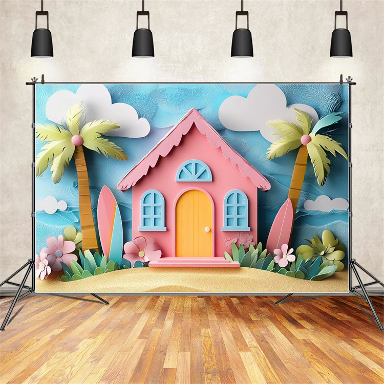 Summer Photo Backdrop Cartoon Pink Beach House Backdrop UK CJJ3-241