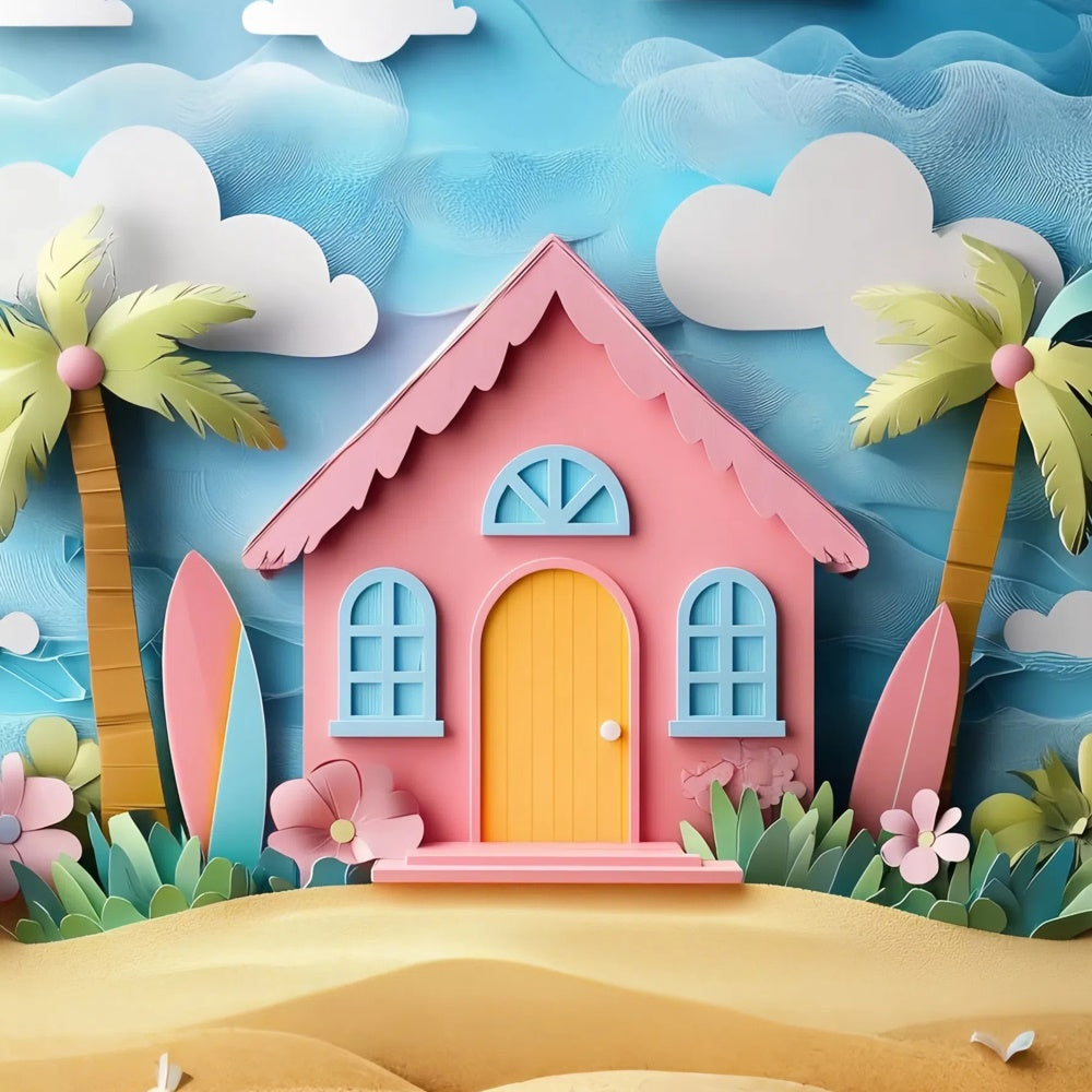 Summer Photo Backdrop Cartoon Pink Beach House Backdrop UK CJJ3-241