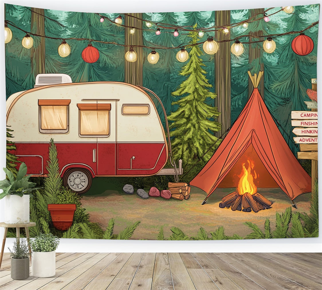 Summer Photo Backdrop Light Strings Cozy Camper Backdrop UK CJJ3-252