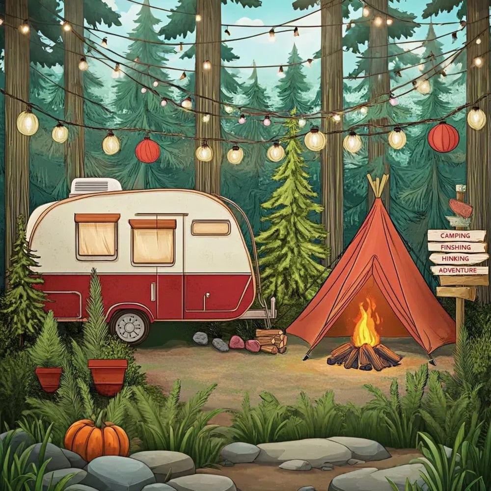 Summer Photo Backdrop Light Strings Cozy Camper Backdrop UK CJJ3-252