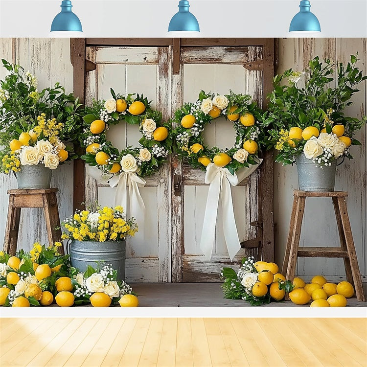 Lemon Backdrop Lemon Wreath Rustic Door Summer Backdrop UK CJJ3-258