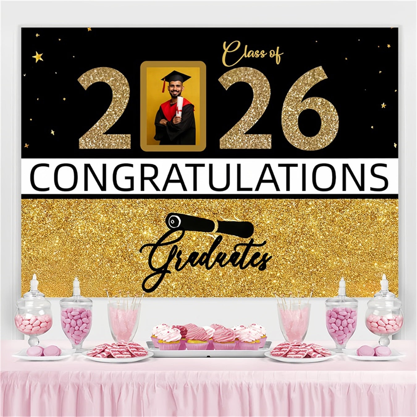 2026 Graduation Backdrop Glittering Gold Frame Personalized Party Graduation Backdrop UK CJJ3-276