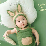 Newborn Woolen Knit Green Bib Pants Rabbit Ears Hat Set CL4