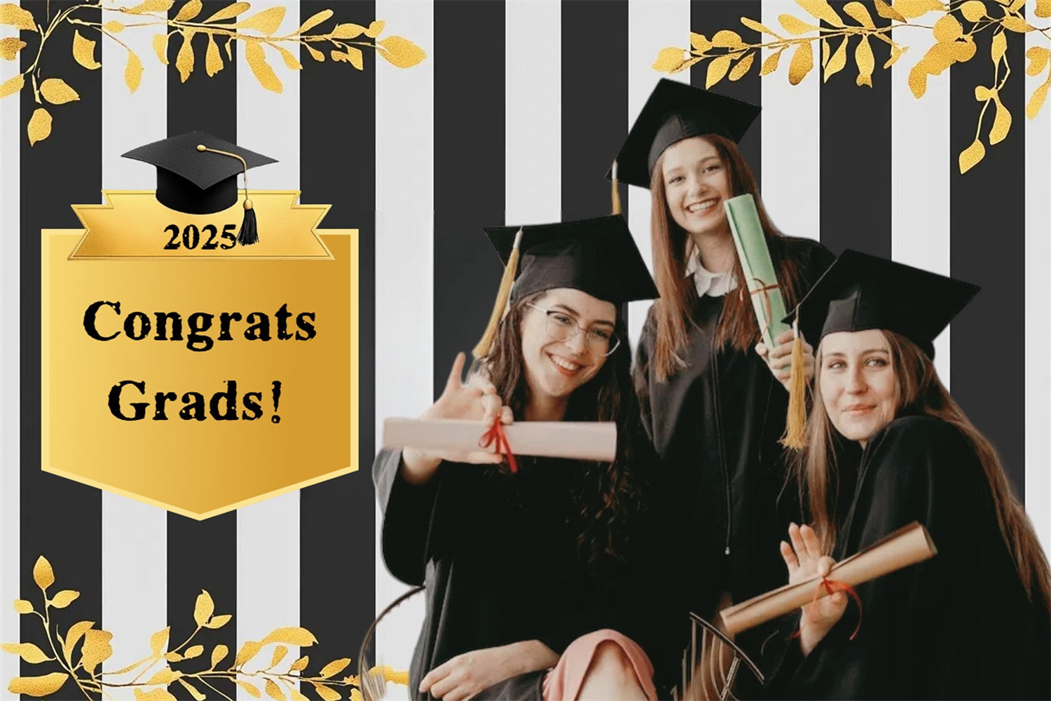 Custom Graduation Backdrop Black Striped Gold Trim Graduation Backdrop UK CSH3-254