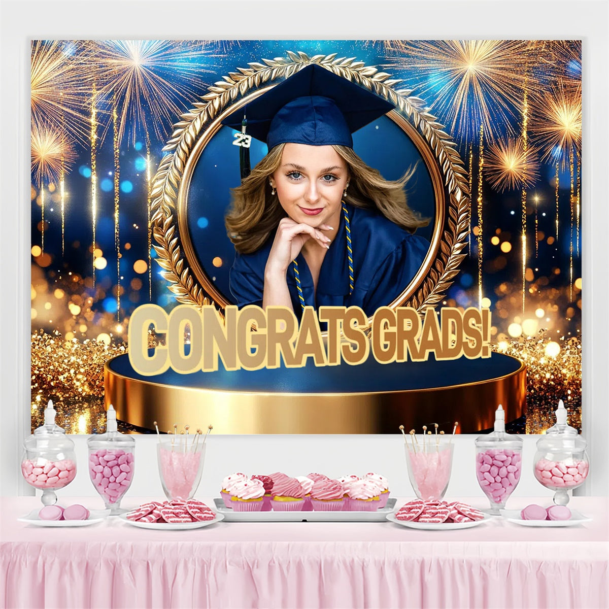 Custom Graduation Backdrops Circle Frame Fireworks Graduation Party Backdrop UK CSH3-256
