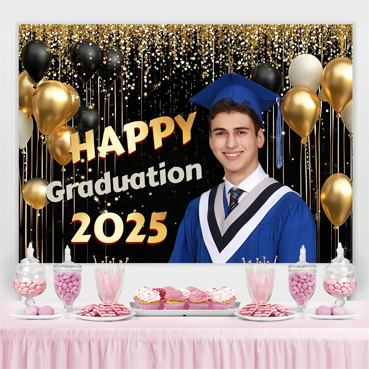 Personalized Graduation Backdrop Sparkling Balloons Graduation Party Backdrop UK CSH3-261