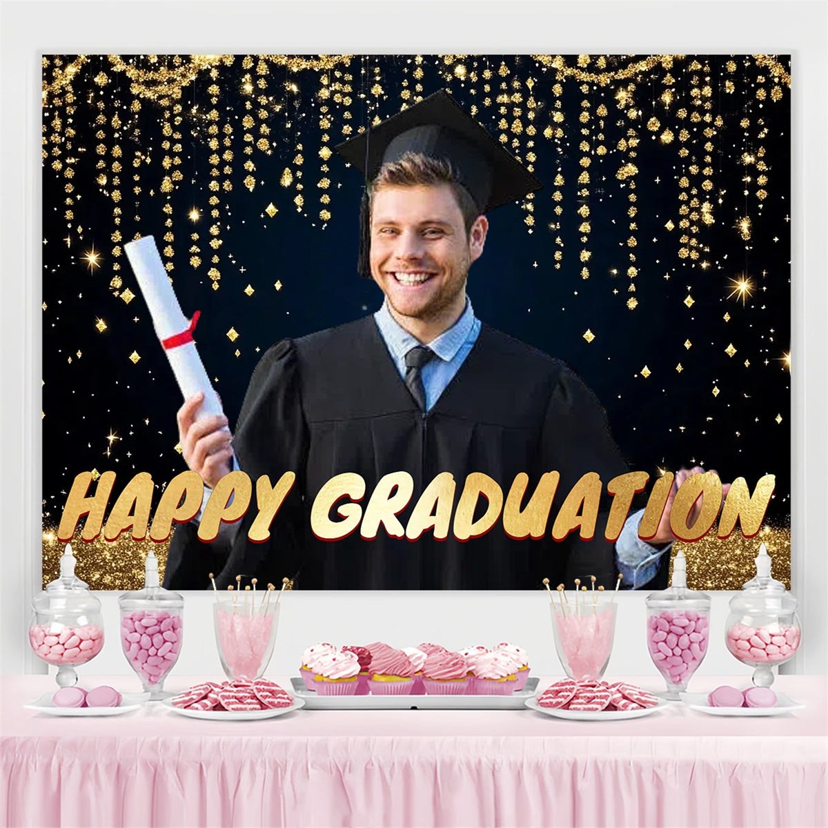 Custom Graduation Backdrops Sparkle Hanging Lights Graduation Party Backdrop UK CSH3-263