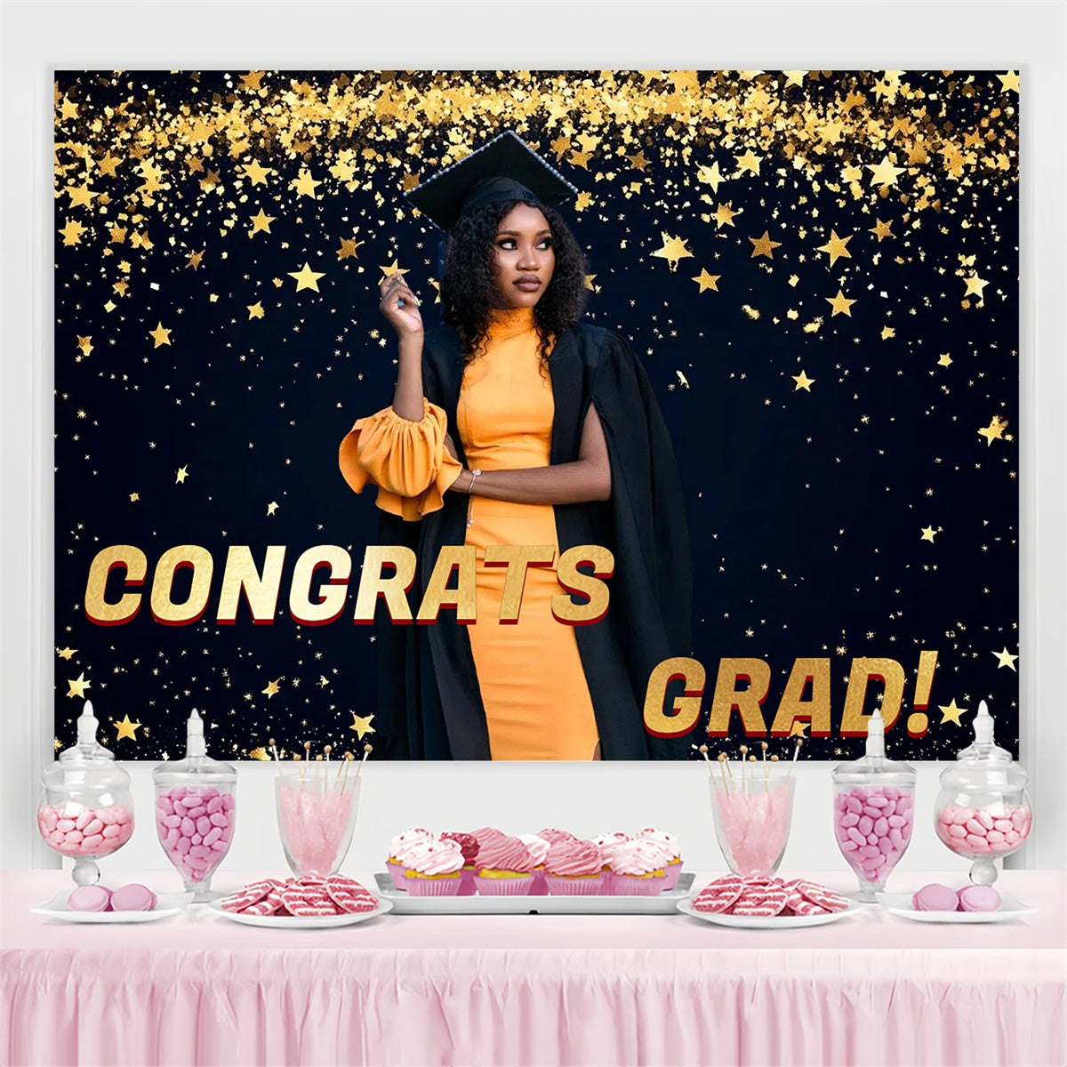 Customized Graduation Backdrop Gold Stars Confetti Graduation Party Backdrop UK CSH3-265