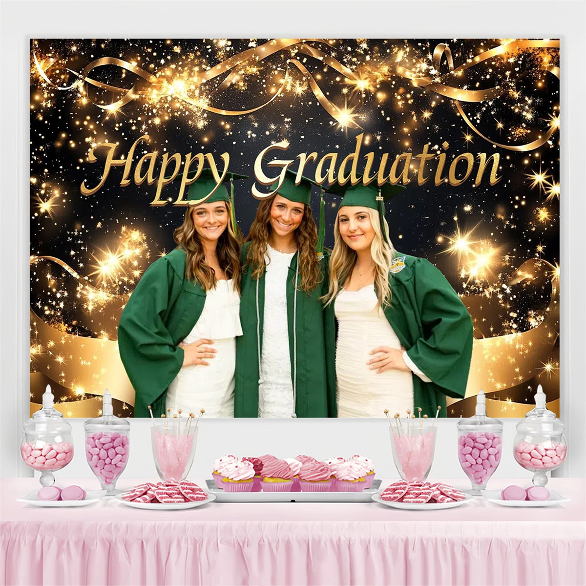 Personalized Graduation Backdrop Gold Ribbon Shine Graduation Party Backdrop UK CSH3-267