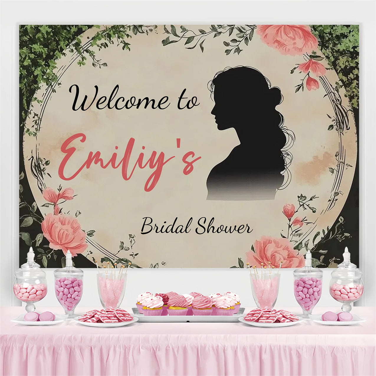 Bridal Shower Photo Backdrop Silhouette Pink Rose Customized Backdrop UK CSH3-283