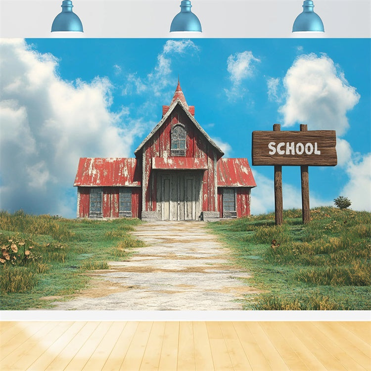 Back To School Photo Backdrop Rustic Red Roof School Backdrop UK CSH3-31
