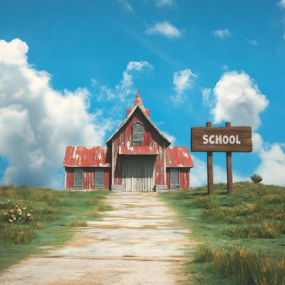 Back To School Photo Backdrop Rustic Red Roof School Backdrop UK CSH3-31