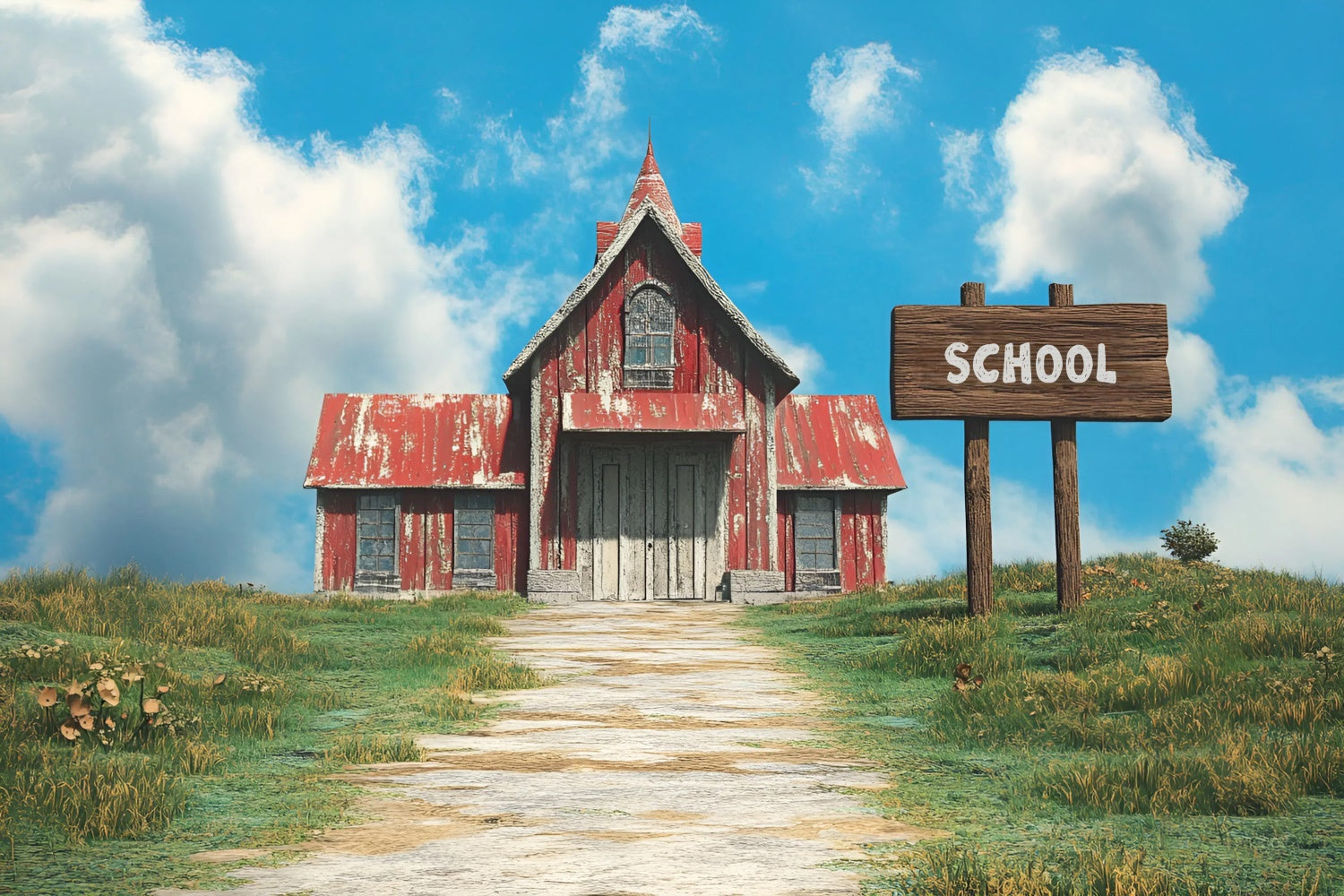 Back To School Photo Backdrop Rustic Red Roof School Backdrop UK CSH3-31