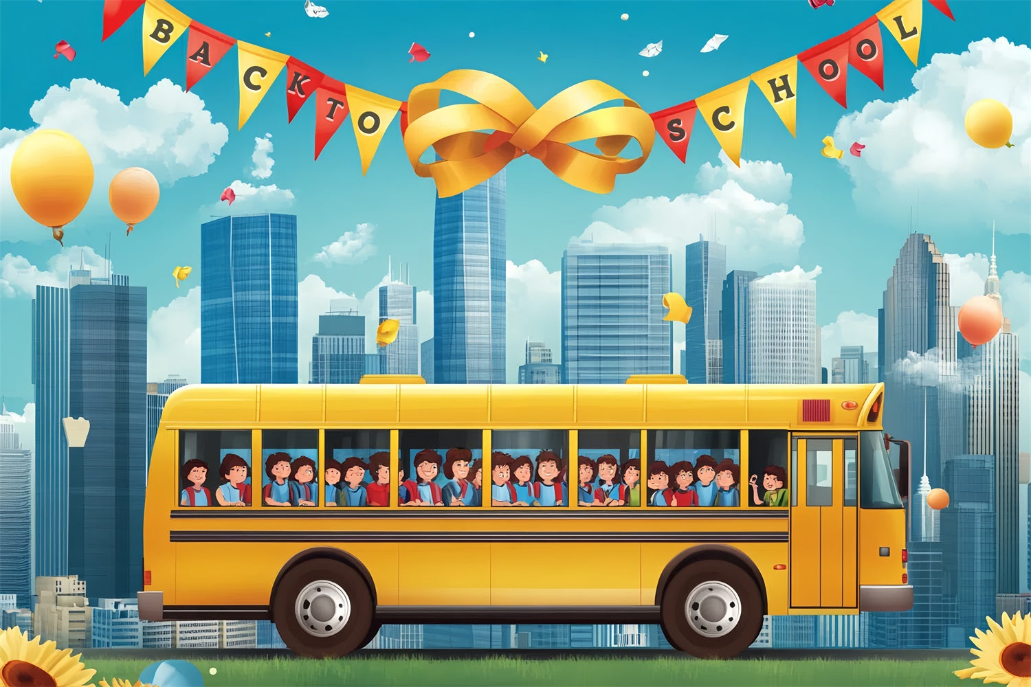Backdrop For Back To School Yellow School Bus Cityscape Backdrop UK CSH3-55